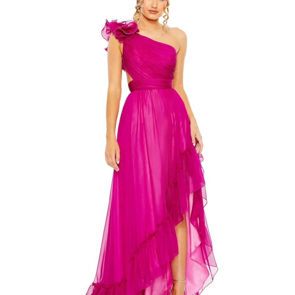 Ruffled One Shoulder Asymmetrical Gown